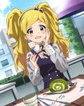  1girl artist_request blonde_hair blush chopsticks dutch_angle eating emily_stewart emily_stuart food hairband hand_on_own_face idolmaster idolmaster_million_live! long_hair official_art solo star twintails violet_eyes 