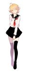  1boy alternate_costume apfl0515 bad_id black_legwear blonde_hair blush character_request crossdressinging dangan_ronpa dangan_ronpa_1 fujisaki_chihiro mery_(apfl0515) school_uniform serafuku smile solo super_dangan_ronpa_2 thigh-highs trap yellow_eyes zettai_ryouiki 