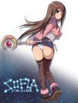  1girl ass black_legwear blush brown_hair character_name copyright_name green_eyes highres koku long_hair panties pantyshot patterned paw_print pencil_skirt print_legwear shiny shiny_skin skirt sky solo sophia_esteed star star_(sky) star_ocean star_ocean_till_the_end_of_time starry_background starry_sky thigh-highs underwear upskirt wand white_panties 