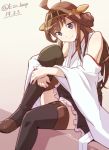  1girl ahoge bare_shoulders black_legwear blue_eyes boots brown_hair e20 hairband kantai_collection kongou_(kantai_collection) long_hair looking_at_viewer nontraditional_miko sidelocks sitting skirt smile solo thigh-highs thigh_boots wide_sleeves 