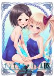 2girls ass black_hair blonde_hair blush breast_grab breasts brown_eyes child competition_school_swimsuit from_behind fugetsu_taku grabbing grin hand_holding honjou_nonoka immoral_little kneehighs konoura_sae long_hair looking_at_viewer looking_back multiple_girls naughty_face one-piece_swimsuit ribbon short_hair side_ponytail small_breasts smile swimsuit thigh-highs violet_eyes water wet 