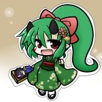  1girl chibi fang furisode green_eyes green_hair hagoita hair_ribbon horns japanese_clothes kimono long_hair open_mouth paddle pixiv_fantasia pixiv_fantasia_new_world pointy_ears ponytail ribbon sandals sleeves_past_wrists smile yanagi_(nurikoboshi) 