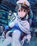  3girls blue_eyes brown_hair gloves hakozaki_serika hat holographic_interface idolmaster idolmaster_million_live! legs_crossed military military_hat military_uniform multiple_girls nanao_yuriko official_art peaked_cap photo_(object) satake_minako sitting thigh-highs uniform white_gloves yabuki_kana 