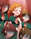  5girls ^_^ ahoge artist_request bad_singing blush brown_hair chorus closed_eyes hair_ornament hand_on_own_chest idolmaster idolmaster_million_live! multiple_girls music necktie no_eyes official_art short_hair singing sparkle sweatdrop turn_pale yabuki_kana 