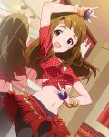  1girl blush brown_hair castanets crop_top idolmaster idolmaster_million_live! instrument long_hair looking_at_viewer maracas midriff mirror miyao_miya navel official_art open_mouth polka_dot skirt smile solo sparkle tagme 