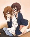  2girls brown_eyes brown_hair embarrassed glasses hirasawa_yui k-on! kagiana manabe_nodoka multiple_girls no_pants panties pantyhose school_uniform short_hair skirt skirt_pull underwear undressing white_panties yuri 