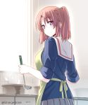  1girl apron blush himura_kiseki ladle light_smile mikakunin_de_shinkoukei redhead school_uniform solo twitter_username two_side_up violet_eyes yonomori_kobeni 