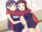  2girls amami_haruka blue_hair brown_eyes brown_hair green_eyes haruhi7131 idolmaster kisaragi_chihaya long_hair multiple_girls scarf school_swimsuit shared_scarf short_hair swimsuit 