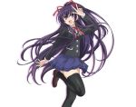  1girl blush date_a_live hair_between_eyes hair_ribbon happy long_hair open_mouth pleated_skirt ponytail purple_hair red_ribbon ribbon school_uniform simple_background skirt solo thigh-highs very_long_hair violet_eyes w white_background yatogami_tooka zettai_ryouiki 