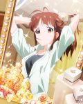  1girl adjusting_hair akizuki_ritsuko alternate_hairstyle antenna_hair arms_behind_head arms_up artist_request brown_eyes brown_hair gem idolmaster idolmaster_million_live! jpeg_artifacts long_hair looking_at_viewer mirror mouth_hold no_glasses official_art reflection solo sparkle 