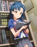  1girl blue_hair book bookshelf highres idolmaster idolmaster_million_live! nanao_yuriko official_art reading skirt smile yellow_eyes 