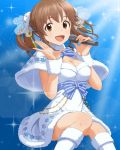  1girl blue_background boots bow breasts brown_eyes brown_hair capelet cleavage dress fur fur_collar fur_trim hair_ornament heart idol idolmaster idolmaster_cinderella_girls jpeg_artifacts knee_boots looking_at_viewer microphone official_art ribbon smile snowflakes solo sparkle striped striped_ribbon totoki_airi twintails white_dress winter_clothes wristband 