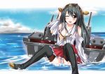  1girl arm_up bad_id bare_shoulders black_hair boots breasts brown_eyes cannon hairband hand_on_head hand_on_own_head haruna_(kantai_collection) kantai_collection nontraditional_miko open_mouth panties personification skirt smile solo tailam thigh-highs thigh_boots torn_clothes underwear water white_panties 