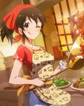  1girl ;p ;q apron blue_eyes blush brown_hair character_name cooking cooking_pot food idolmaster idolmaster_million_live! licking_lips looking_at_viewer musical_note official_art one_eye_closed ponytail satake_minako solo tongue tongue_out wink 
