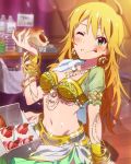  1girl ahoge artist_request blonde_hair chocolate_cornet earrings eating food food_on_face green_eyes hoshii_miki idolmaster idolmaster_million_live! jewelry licking_lips long_hair lots_of_jewelry midriff navel official_art one_eye_closed stomach tongue tongue_out wink 