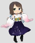  1girl boots brown_hair chibi detached_sleeves final_fantasy final_fantasy_x grey_background heterochromia long_skirt looking_at_viewer pleated_skirt skirt solo standing tsuzuya_(knt31) yuna yuna_(ff10) 