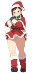  1girl accho_(macchonburike) ass bag bell boots brown_hair dress gloves highres las_vegas_(accho) original over_shoulder red_eyes sack santa_costume short_dress smile solo thick_thighs thighs twintails 