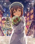  1girl artist_request brown_eyes brown_hair character_name christmas christmas_tree coat crying crying_with_eyes_open gift gloves hagiwara_yukiho hat idolmaster idolmaster_million_live! lens_flare looking_at_viewer night official_art smile snow solo tears 