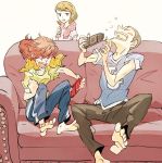  1boy 2girls barefoot brown_hair casual couch feet female_protagonist_(persona_3) hair_down handheld_game_console iori_junpei multiple_girls persona persona_3 playing_games playstation_portable soles sutei_(giru) takeba_yukari towel 