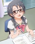  1girl :d artist_request blue_hair bow glasses heart homework idolmaster idolmaster_million_live! long_hair looking_at_viewer official_art open_mouth pencil red_eyes school_uniform smile takayama_sayoko twintails 