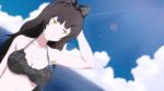  1girl arm_up bikini black_eyes black_hair blake_belladonna bow dutch_angle hair_bow halterneck lens_flare long_hair outdoors polka_dot polka_dot_bikini polka_dot_swimsuit rwby sky solo swimsuit yellow_eyes 