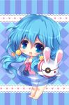  1girl blue_eyes blue_hair chibi date_a_live hair_bobbles hair_ornament hand_puppet innertube j.u. long_hair one-piece_swimsuit open_mouth puppet rabbit solo stuffed_animal stuffed_toy swimsuit yoshino_(date_a_live) yoshinon 