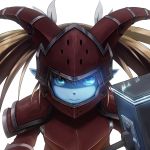  1girl armor blonde_hair blue_eyes blue_skin damaged hair_ribbon helmet highres horns league_of_legends looking_at_viewer mace mocco_(sachima) pointy_ears poppy ribbon solo twintails weapon yordle 