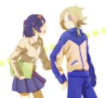  1boy 1girl arm_grab blue_hair child fubuki_shirou glasses height_difference holding iko_(i-my-16) inazuma_eleven inazuma_eleven_(series) otonashi_haruna raimon school_uniform skirt surprised track_jacket 