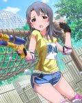  1girl artist_request blue_hair blush elbow_pads fingerless_gloves gloves gym_shorts hair_ornament heart idolmaster idolmaster_million_live! knee_pads long_hair looking_at_viewer official_art open_mouth red_eyes shorts solo takayama_sayoko water_gun 