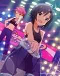  2girls :d ;d black_hair bottle idolmaster idolmaster_million_live! kikuchi_makoto looking_at_viewer maihama_ayumu midriff multicolored_hair multiple_girls musical_note navel official_art one_eye_closed open_mouth pink_hair short_hair smile stage stage_lights towel water_bottle wink 