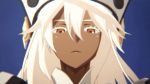  1girl animated animated_gif colored_eyelashes dark_skin evil_smile guilty_gear guilty_gear_xrd hat ramlethal_valentine screencap sharp_teeth smile solo teeth white_hair yellow_eyes 