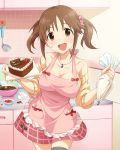  1girl :d apron artist_request bare_shoulders blush breasts cake chocolate english food food_on_face icing idolmaster idolmaster_cinderella_girls jewelry jpeg_artifacts necklace official_art open_mouth skirt sleeves_pushed_up smile solo star thigh-highs totoki_airi twintails valentine 