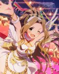  1girl ;d angel_wings artist_request brown_hair green_eyes headband idolmaster idolmaster_million_live! long_hair musical_note nikaidou_chizuru official_art one_eye_closed open_mouth ponytail smile stage_lights tagme very_long_hair wings wink 