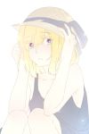  1girl blonde_hair blue_eyes collarbone dress expressionless hand_on_headwear hat looking_at_viewer nishio_(nyanko2o2) parted_lips short_hair simple_background solo straw_hat usotsuki yume_nisshi 