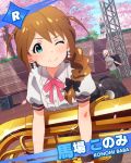  1boy 1girl baba_konomi braid brown_hair character_name cherry_blossoms earrings green_eyes hair_over_shoulder idolmaster idolmaster_million_live! instrument jewelry official_art one_eye_closed single_braid wink 