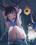  &gt;_&lt; 1girl :d balloon brown_hair closed_eyes dog idolmaster idolmaster_million_live! inumi jpeg_artifacts matsuda_arisa official_art open_mouth scared smile tears triangular_headpiece twintails wavy_mouth 
