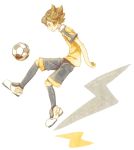  1boy bad_id ball child full_body iko_(i-my-16) inazuma_eleven inazuma_eleven_(series) inazuma_eleven_go lightning_bolt looking_away male_focus matsukaze_tenma profile raimon raimon_soccer_uniform simple_background smile soccer_ball soccer_uniform solo sportswear telstar white_background 