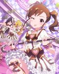  3girls artist_request black_hair blonde_hair brown_eyes cane character_name closed_eyes earrings emily_stewart emily_stuart futami_mami hat idolmaster idolmaster_million_live! jewelry long_hair mogami_shizuka multiple_girls necklace official_art one_eye_closed short_hair side_ponytail wink 