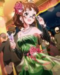  1girl adjusting_glasses akizuki_ritsuko alternate_costume alternate_hairstyle antenna_hair artist_request brown_eyes brown_hair cup earrings flower formal glasses hair_flower hair_ornament idolmaster idolmaster_million_live! jewelry necklace official_art open_mouth ponytail smile solo sparkle wine_glass 