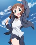  1girl amami_haruka brown_hair clouds green_eyes idolmaster idolmaster_million_live! jacket looking_at_viewer official_art open_mouth ribbon short_hair skirt sky smile solo 