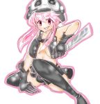  1girl alternate_costume armpit_holster belt black_gloves black_legwear black_panties boots breasts gloves grin hat holster jakuzure_nonon kill_la_kill knife maria_(maria0304) nudist_beach_uniform panties pink_eyes pink_hair reverse_grip skull_print smile solo spoilers thigh-highs thigh_boots under_boob underwear utility_belt 