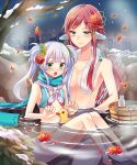  2girls blue_eyes flower green_eyes hair_flower hair_ornament long_hair multiple_girls onsen original redhead senjou_no_electro_girl shina_shina snow twintails water white_hair 