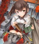  1girl bike_shorts blush bow_(weapon) brown_eyes brown_hair clip_(weapon) crossbow flat_chest hangar headband headgear kantai_collection looking_at_viewer magazine_(weapon) marker_(medium) open_mouth pastel_(medium) personification pleated_skirt shikishi shipyard short_hair shorts_under_skirt skirt smile solo taihou_(kantai_collection) tatara_kaeru thigh-highs traditional_media weapon yukitsuki_kokoro 