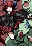  1girl bow capelet cloak crossover fang hair_bow hemogurobin_a1c knees larvitar legs looking_at_viewer nintendo open_mouth outstretched_arm pokemon red_eyes redhead sekibanki skirt touhou tyranitar 