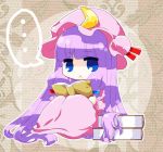  ... 1girl :&lt; blue_eyes book book_stack chibi crescent hat hina-uta holding holding_book lavender_hair long_hair looking_at_viewer mob_cap patchouli_knowledge sidelocks sitting solo touhou very_long_hair 