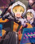  2girls artist_request battle blue_eyes cockpit ganaha_hibiki gloves hamuzou helmet idolmaster idolmaster_million_live! jumpsuit multiple_girls official_art parody pilot pilot_suit space_craft yabuki_kana 