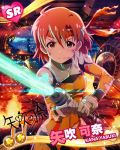  &gt;:&lt; 1girl beamed_quavers bodysuit brown_eyes brown_hair building card_(medium) character_name city closed_mouth clouds crossover energy_sword gloves headband idolmaster idolmaster_million_live! lightsaber looking_at_viewer musical_note official_art science_fiction short_hair signature sky solo sword torn_clothes weapon yabuki_kana 