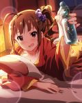  1girl :d artist_request brown_hair detached_sleeves drink hair_ornament idolmaster idolmaster_million_live! japanese_clothes kimono looking_at_viewer musical_note official_art open_mouth pillow side_ponytail smile solo violet_eyes yokoyama_nao 