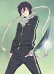  1boy blue_eyes katana male_focus noragami rinda scarf short_hair simple_background smile solo sword track_suit weapon yato_(noragami) 