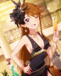  1girl ;d artist_request blue_eyes bracelet breasts brown_hair cleavage cup dress earrings formal idolmaster idolmaster_million_live! jewelry long_hair lots_of_jewelry necklace official_art one_eye_closed open_mouth smile sparkle tokoro_megumi wine_glass wink 